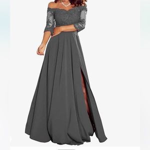 Off the shoulder, lace half sleeved, and slit. Chiffon floor length formal gown.